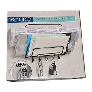 Wayland Square Wall Mount Mail Organizer with 5 Key Hooks & Shelf – Black Metal